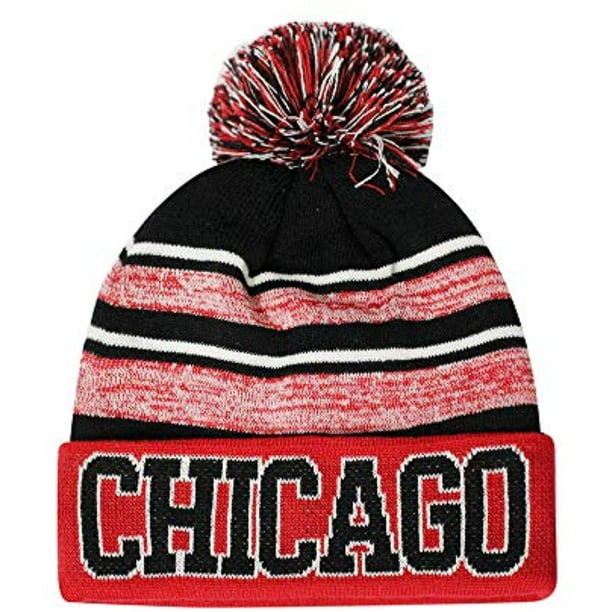 CHICAGO Beanie PomPom Hat Winter Toboggan Knit w POM  Black Red White